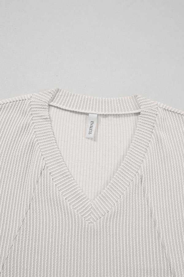Long Sleeve Tops | White Solid Color Corded Drop Shoulder 3/4 Sleeve V Neck Top - Women - Image 4