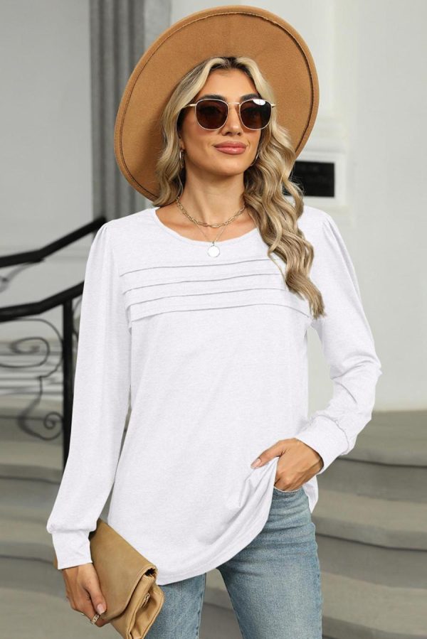 Long Sleeve Tops | White Solid Color Pleated Long Sleeve Top - Women