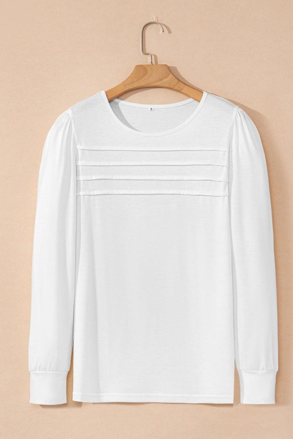 Long Sleeve Tops | White Solid Color Pleated Long Sleeve Top - Women - Image 2