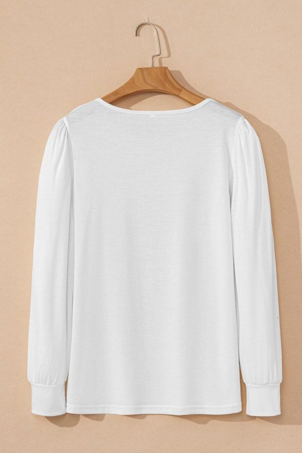 Long Sleeve Tops | White Solid Color Pleated Long Sleeve Top - Women - Image 3
