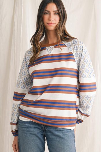 Long Sleeve Tops | White Striped Floral Patchwork Lantern Sleeve Top - Women