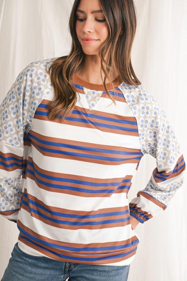 Long Sleeve Tops | White Striped Floral Patchwork Lantern Sleeve Top - Women - Image 2