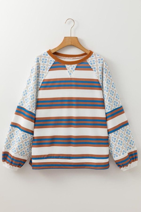 Long Sleeve Tops | White Striped Floral Patchwork Lantern Sleeve Top - Women - Image 6