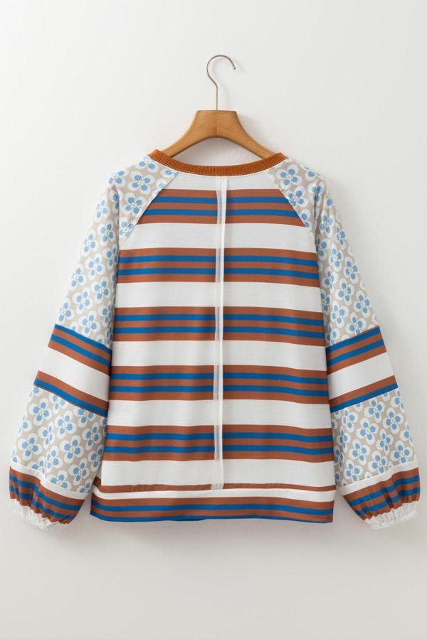 Long Sleeve Tops | White Striped Floral Patchwork Lantern Sleeve Top - Women - Image 7