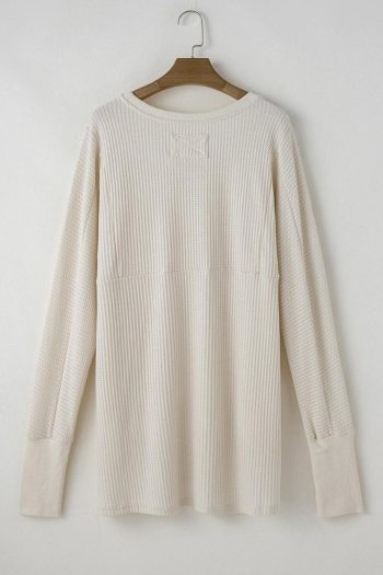 Long Sleeve Tops | White Waffle Knit Exposed Seam Round Neck Oversized Top - Women