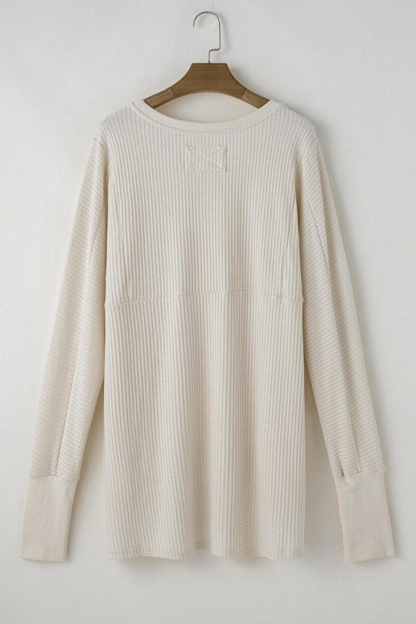 Long Sleeve Tops | White Waffle Knit Exposed Seam Round Neck Oversized Top - Women