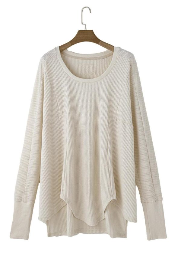 Long Sleeve Tops | White Waffle Knit Exposed Seam Round Neck Oversized Top - Women - Image 7