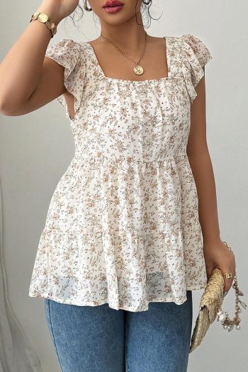 Sleeveless Tops | Beige Floral Print Square Neck Ruffle Sleeveless Top - Women