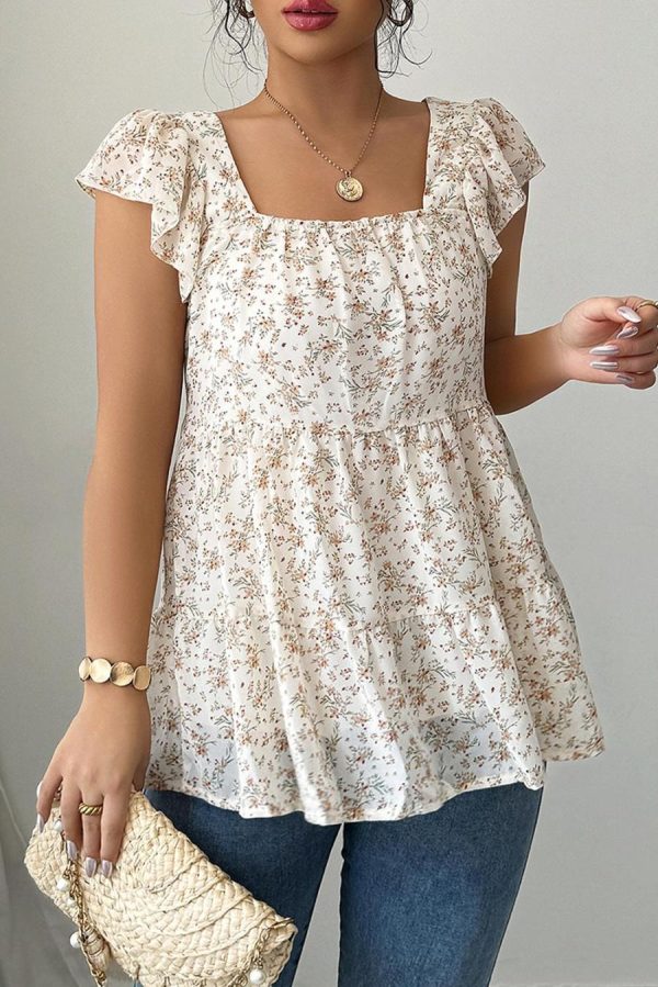 Sleeveless Tops | Beige Floral Print Square Neck Ruffle Sleeveless Top - Women - Image 2