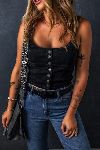 Sleeveless Tops | Black Acid Wash Buttoned Cropped Denim Cami Top - Women