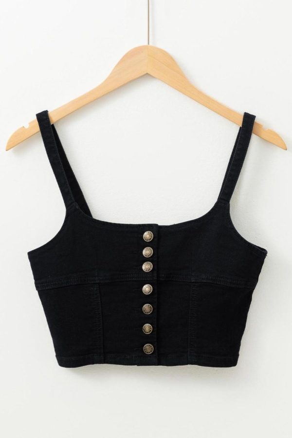 Sleeveless Tops | Black Acid Wash Buttoned Cropped Denim Cami Top - Women - Image 2
