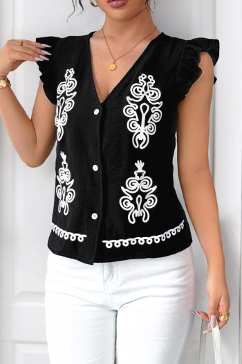 Sleeveless Tops | Black Ethnic Print Button Ruffle Shirt - Women