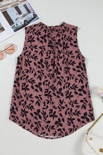 Sleeveless Tops | Brown Floral Print Tie Neck Sleeveless Top - Women