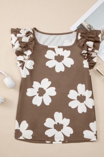 Sleeveless Tops | Brown Floral Ruffle Shoulder Square Neck Blouse - Women