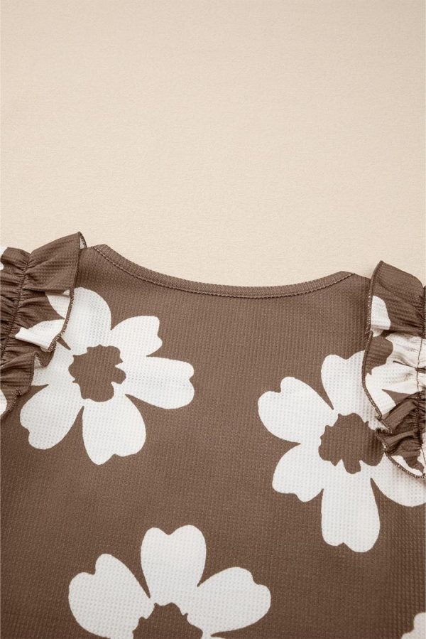 Sleeveless Tops | Brown Floral Ruffle Shoulder Square Neck Blouse - Women - Image 2