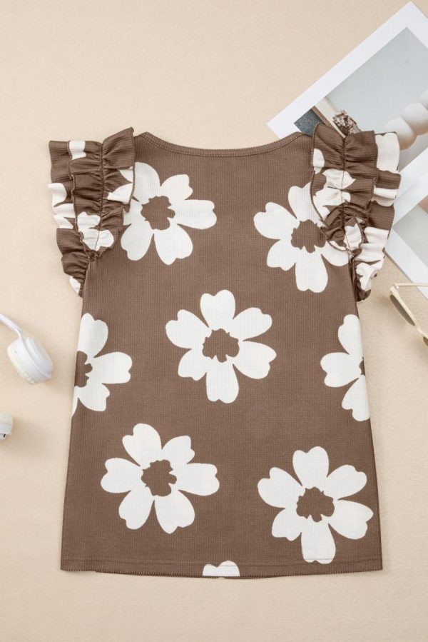Sleeveless Tops | Brown Floral Ruffle Shoulder Square Neck Blouse - Women - Image 3
