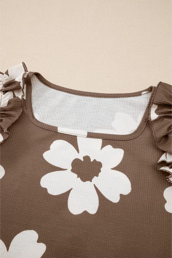 Sleeveless Tops | Brown Floral Ruffle Shoulder Square Neck Blouse - Women - Image 4