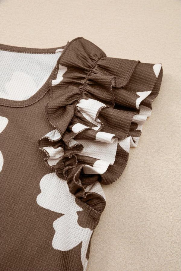 Sleeveless Tops | Brown Floral Ruffle Shoulder Square Neck Blouse - Women - Image 5