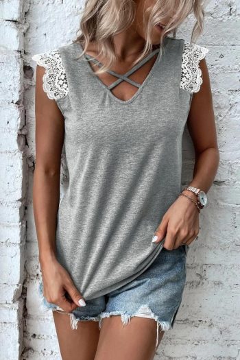 Sleeveless Tops | Gray Criss Cross V Neck Lace Applique Sleeveless Top - Women