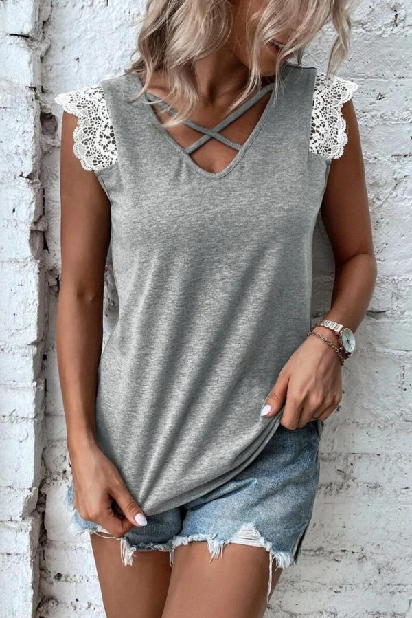 Sleeveless Tops | Gray Criss Cross V Neck Lace Applique Sleeveless Top - Women