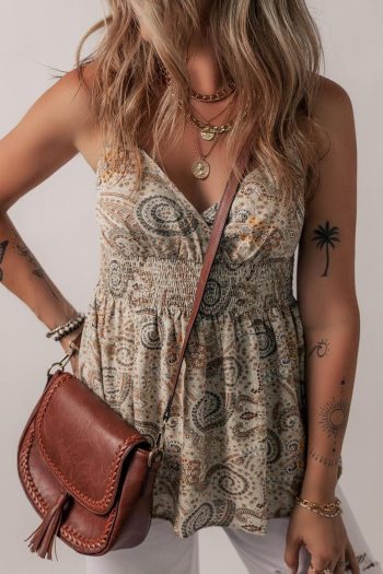 Sleeveless Tops | Khaki Paisley Print Spaghetti Strap V Neck Smocked Cami Top - Women