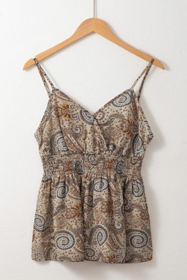 Sleeveless Tops | Khaki Paisley Print Spaghetti Strap V Neck Smocked Cami Top - Women - Image 2
