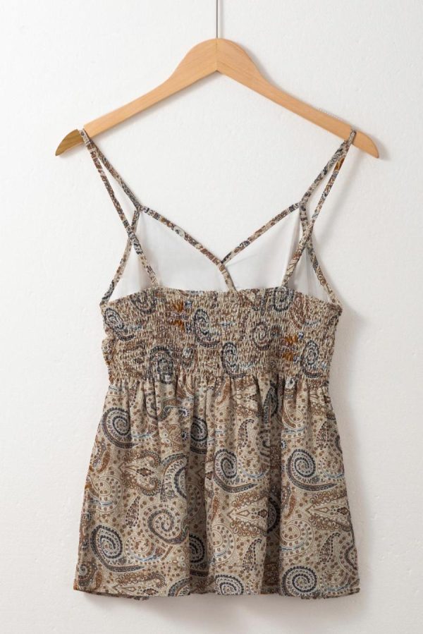 Sleeveless Tops | Khaki Paisley Print Spaghetti Strap V Neck Smocked Cami Top - Women - Image 3