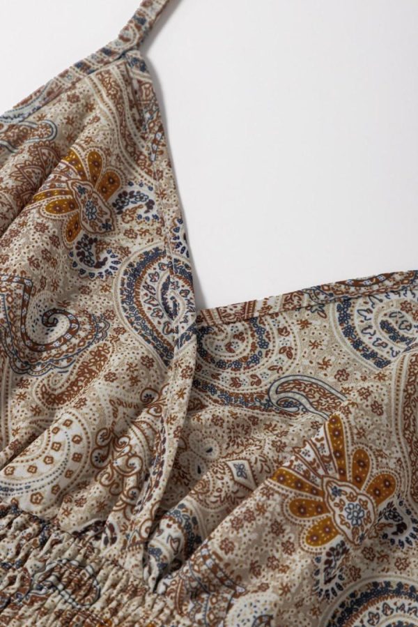 Sleeveless Tops | Khaki Paisley Print Spaghetti Strap V Neck Smocked Cami Top - Women - Image 4