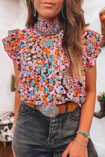 Sleeveless Tops | Orange Floral Print Shirred Stand Neck Flutter Shoulder Blouse - Women