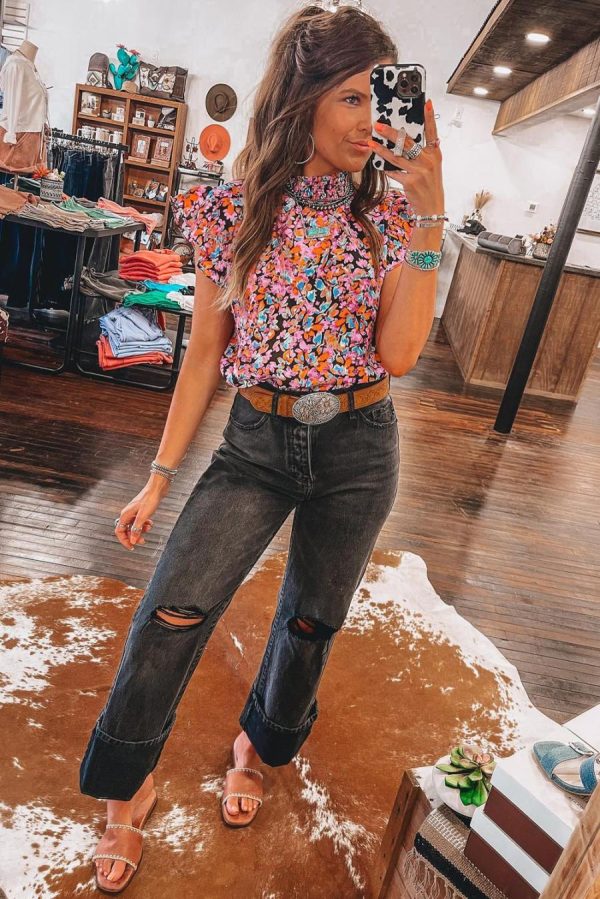 Sleeveless Tops | Orange Floral Print Shirred Stand Neck Flutter Shoulder Blouse - Women - Image 2
