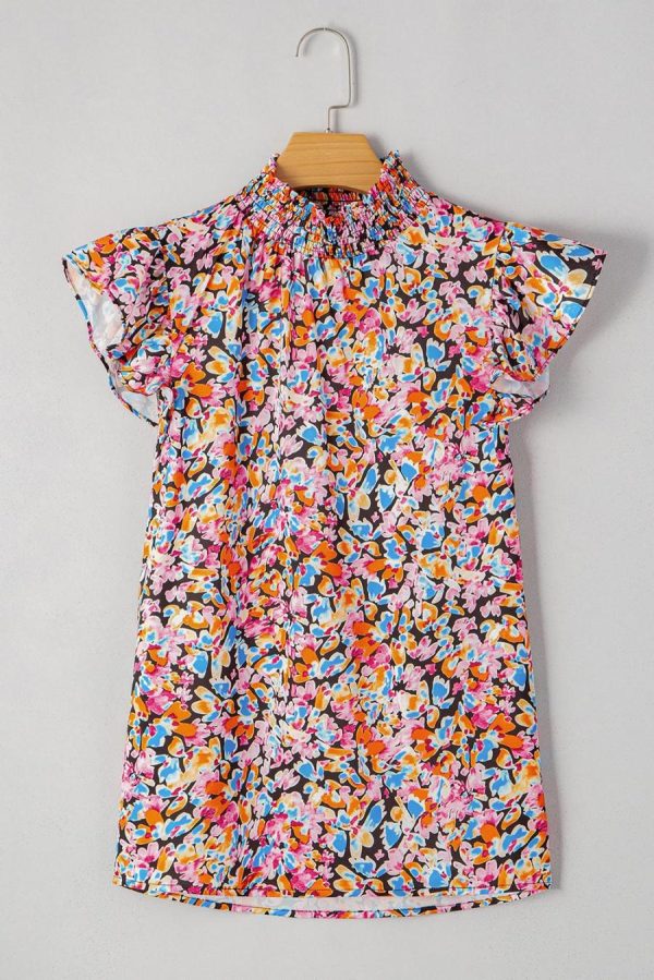 Sleeveless Tops | Orange Floral Print Shirred Stand Neck Flutter Shoulder Blouse - Women - Image 4