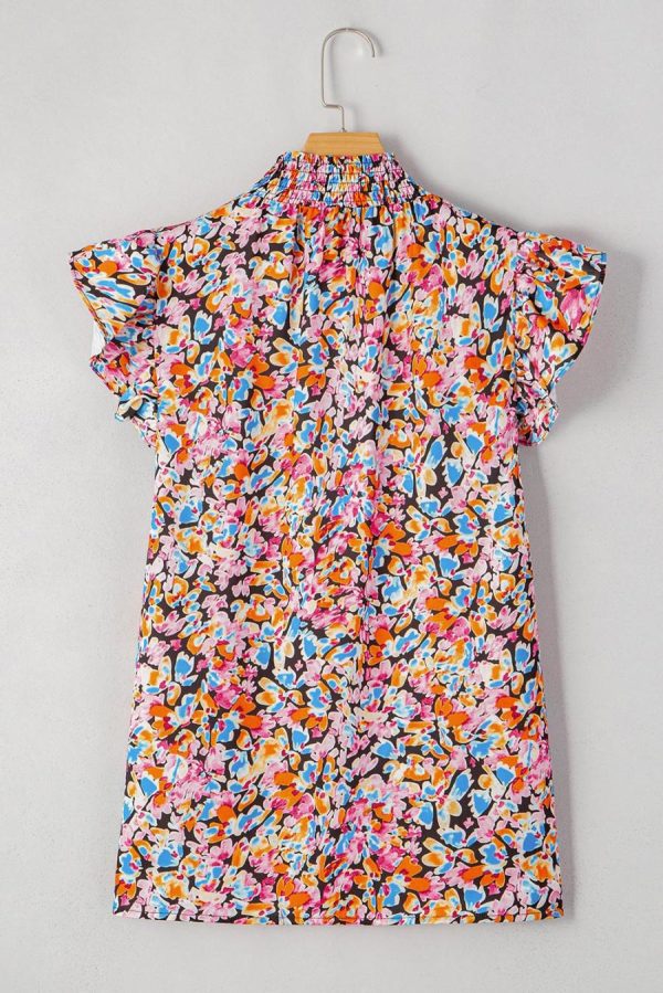 Sleeveless Tops | Orange Floral Print Shirred Stand Neck Flutter Shoulder Blouse - Women - Image 5