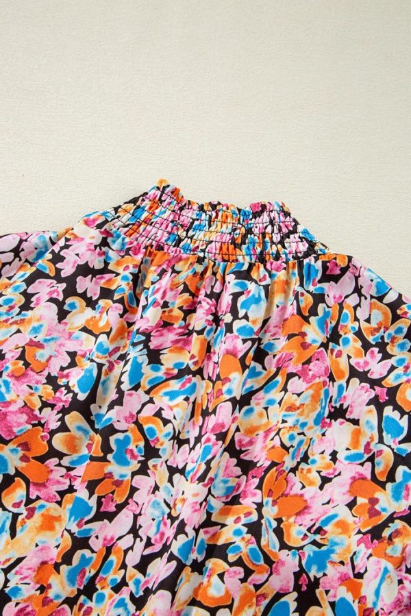 Sleeveless Tops | Orange Floral Print Shirred Stand Neck Flutter Shoulder Blouse - Women - Image 6