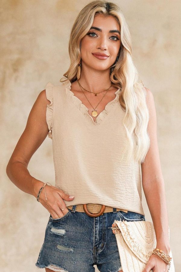 Sleeveless Tops | Parchment Frill Trim V Neck Crinkled Sleeveless Top - Women - Image 2