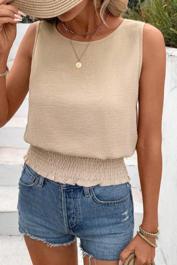 Sleeveless Tops | Parchment Smocked Hem Crinkle Sleeveless Top - Women