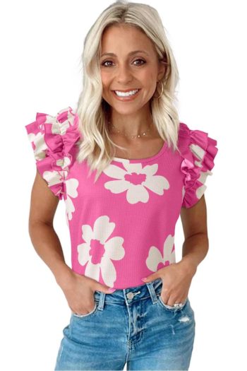 Sleeveless Tops | Pink Floral Ruffle Shoulder Square Neck Blouse - Women