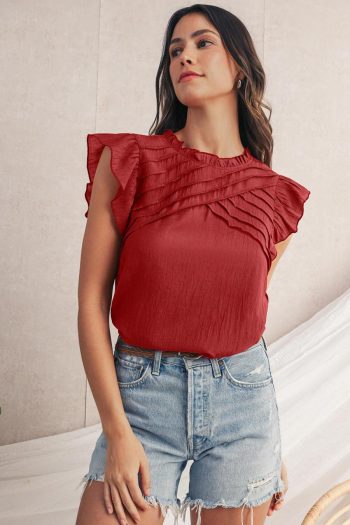 Sleeveless Tops | Red Dahlia Frill Neck Solid Color Pleated Blouse - Women