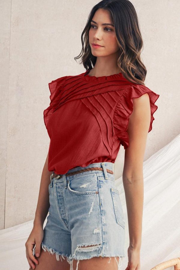 Sleeveless Tops | Red Dahlia Frill Neck Solid Color Pleated Blouse - Women - Image 3
