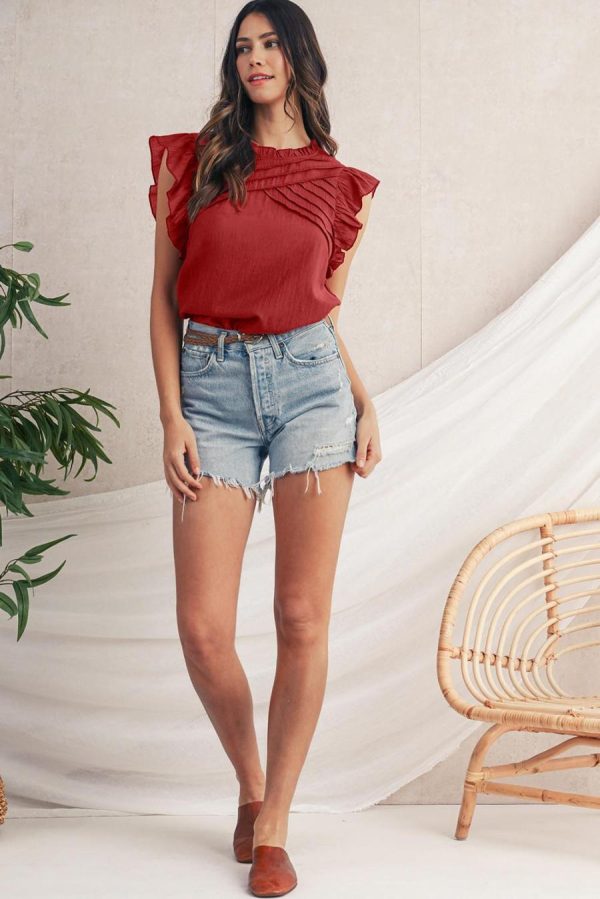 Sleeveless Tops | Red Dahlia Frill Neck Solid Color Pleated Blouse - Women - Image 4
