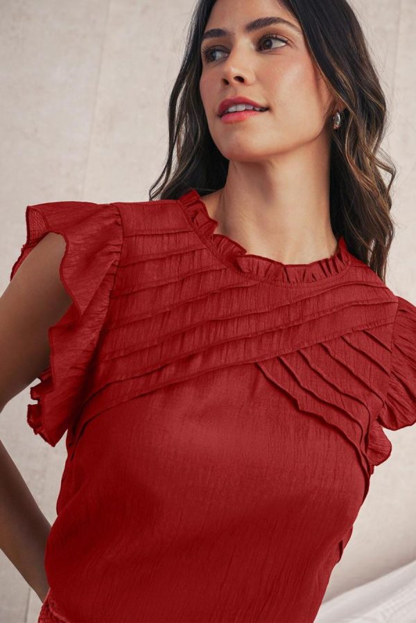 Sleeveless Tops | Red Dahlia Frill Neck Solid Color Pleated Blouse - Women - Image 5