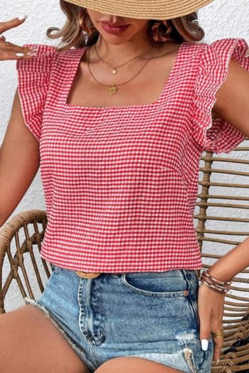 Sleeveless Tops | Red Gingham Square Neck Flutter Sleeveless Blouse - Women