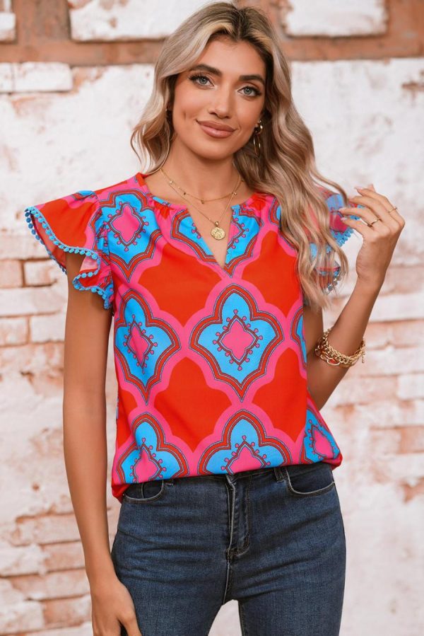 Sleeveless Tops | Red Random Abstract Print V Neck Ruffle Shoulder Blouse - Women - Image 2