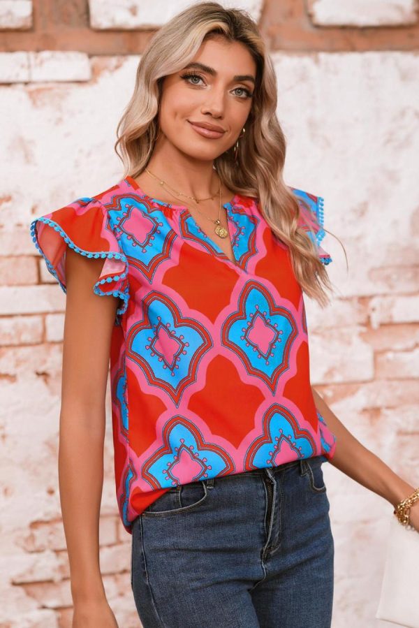 Sleeveless Tops | Red Random Abstract Print V Neck Ruffle Shoulder Blouse - Women - Image 3