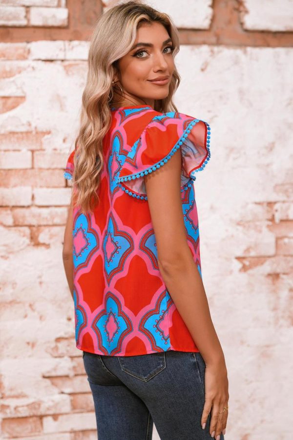 Sleeveless Tops | Red Random Abstract Print V Neck Ruffle Shoulder Blouse - Women - Image 4