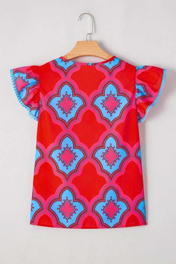 Sleeveless Tops | Red Random Abstract Print V Neck Ruffle Shoulder Blouse - Women - Image 6