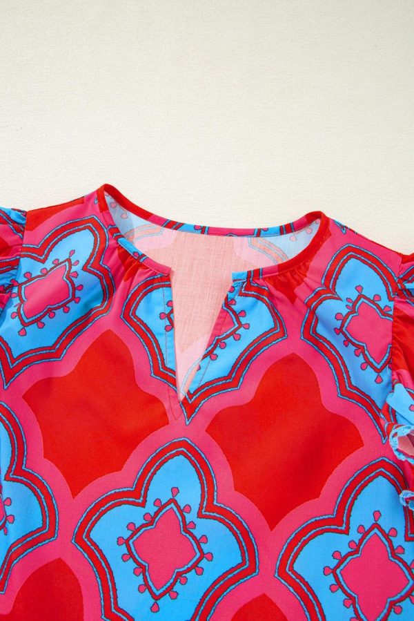 Sleeveless Tops | Red Random Abstract Print V Neck Ruffle Shoulder Blouse - Women - Image 7