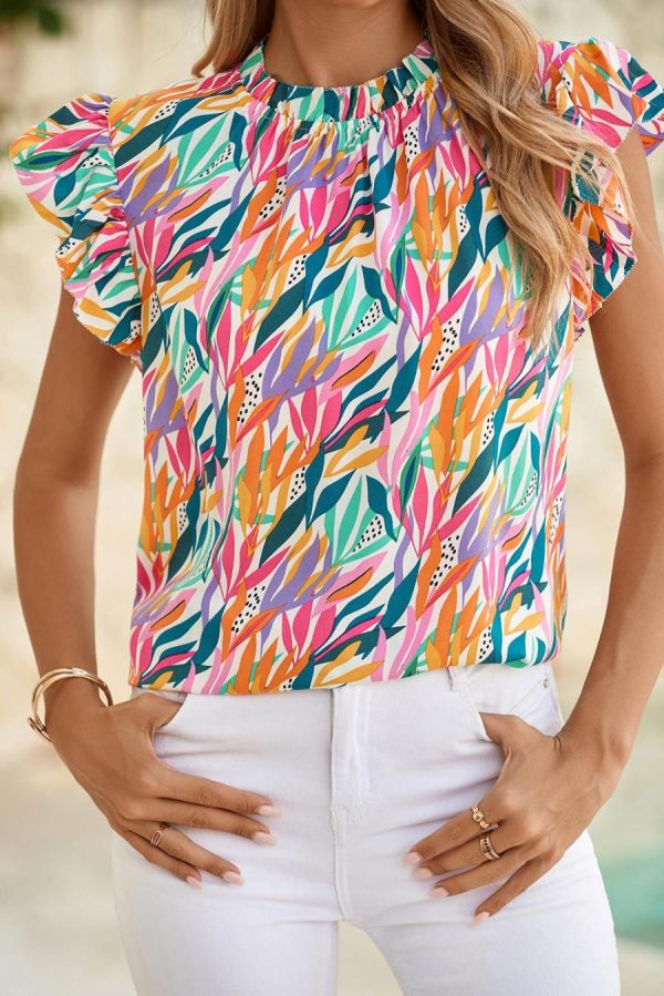 Sleeveless Tops | Rose Red Abstract Print Ruffled Flutter Shoulder Blouse - Women - Image 3
