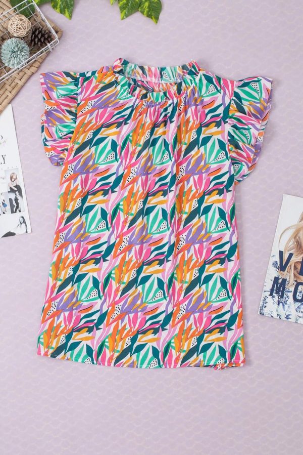Sleeveless Tops | Rose Red Abstract Print Ruffled Flutter Shoulder Blouse - Women - Image 6