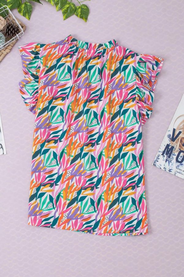Sleeveless Tops | Rose Red Abstract Print Ruffled Flutter Shoulder Blouse - Women - Image 7