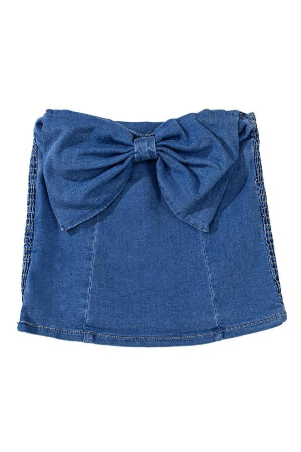 Sleeveless Tops | Sail Blue Vintage Bow Front Smocked Back Denim Tube Top - Women - Image 7